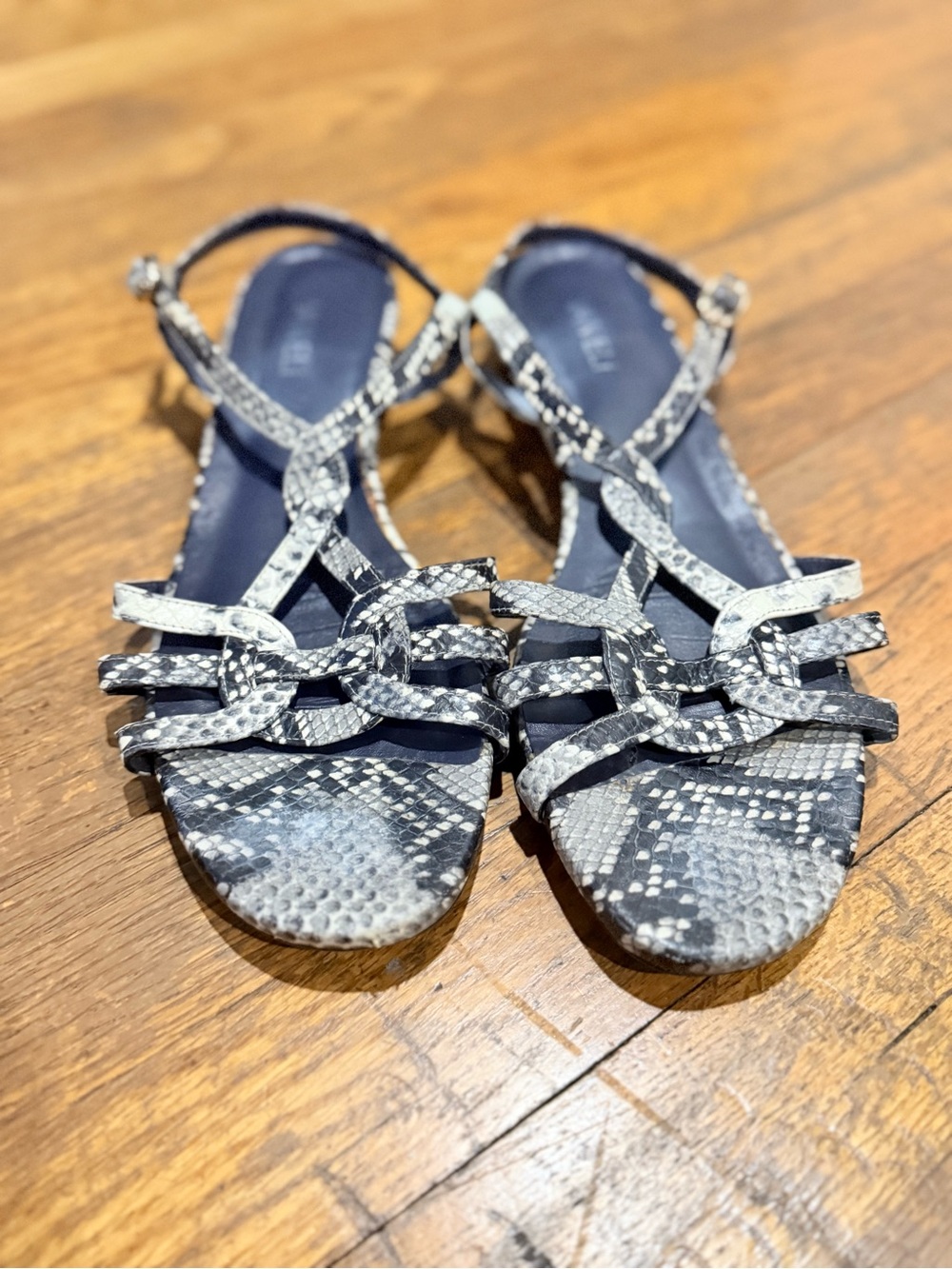 Van Eli Snake Print Strappy Sandals in Black and Gray 10